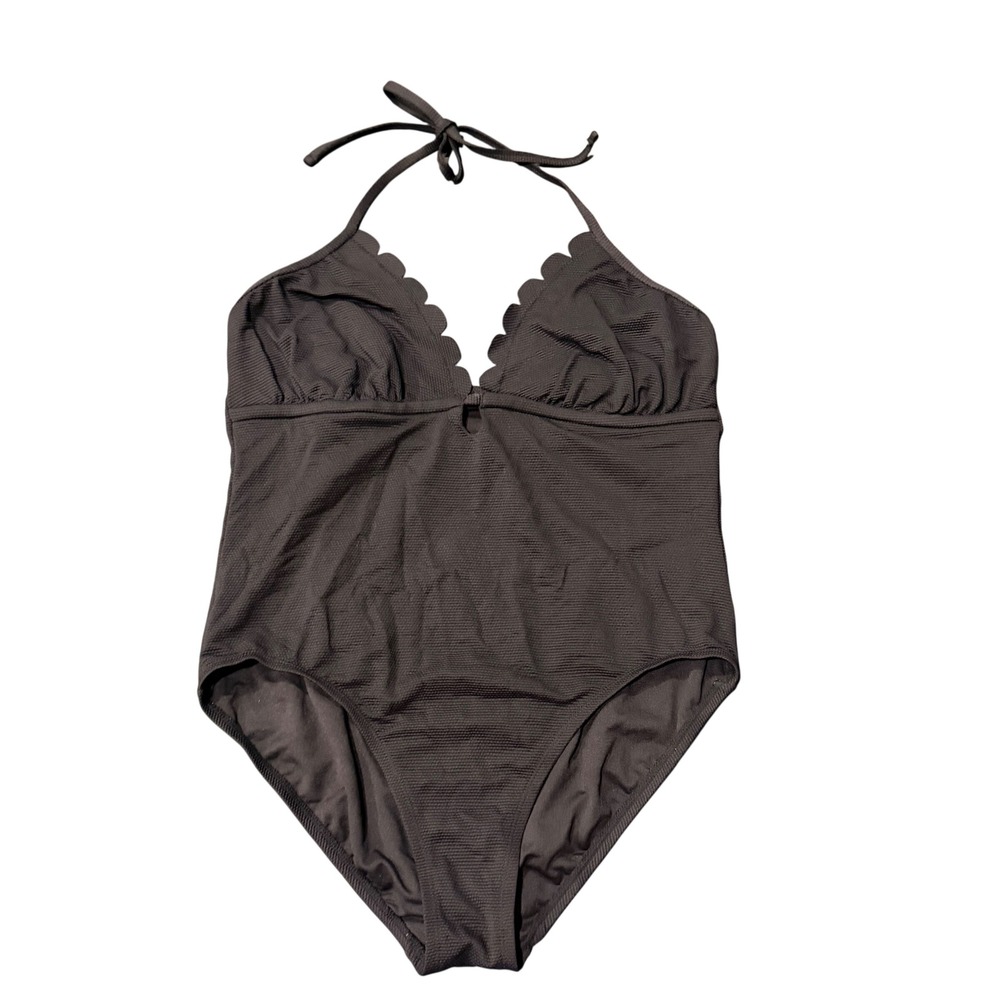 Black Scalloped One Piece Swimsuit Textured Halter Beach Resort Feminine Stretch